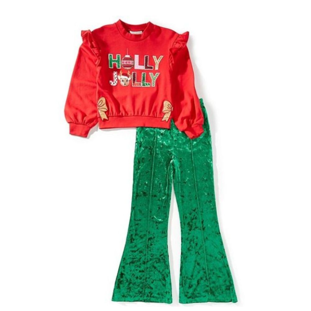 NTW Rare Editions Girls 'Holly Jolly' Sweatshirt and Green Velvet Flare pants